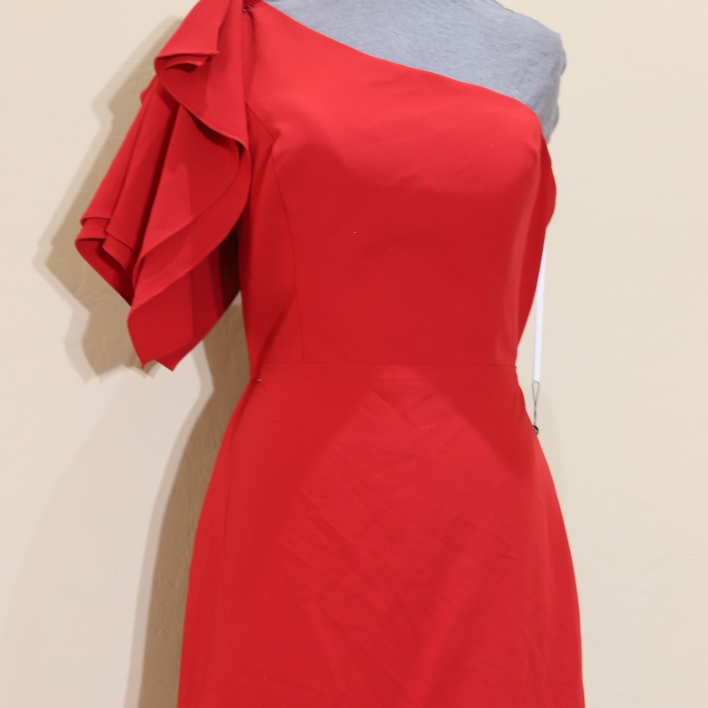 ALYCE  short one shoulder closed back sheath evening dress in red size 14
